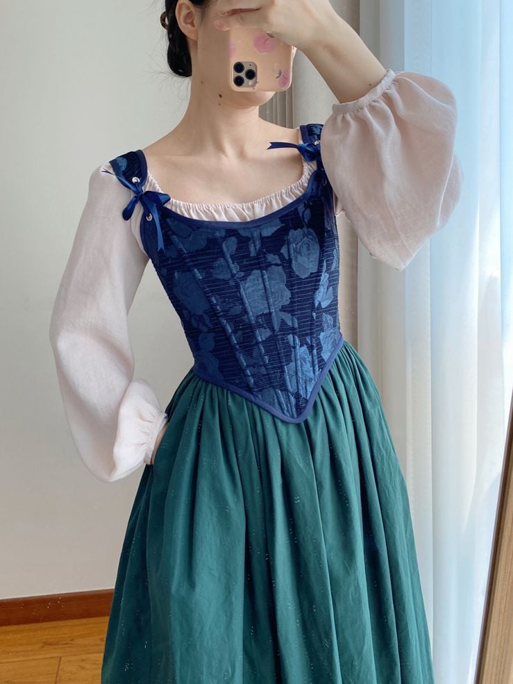 Dark Blue Scoop Neckline Corset with Floral Pattern