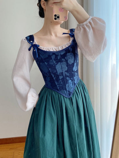 Dark Blue Scoop Neckline Corset with Floral Pattern