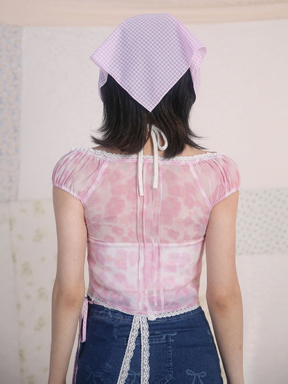 Pink Floral Print V-neck Top Lace Trim