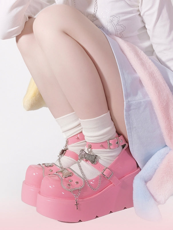Metal Bones Decorated Pink Platforms Punk Shoes Studs Chain Design