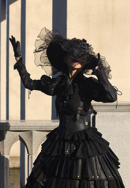 Black Gothic Lolita Under Bust Corset High Waist Layered Pleated Skirt with Shoulder Straps