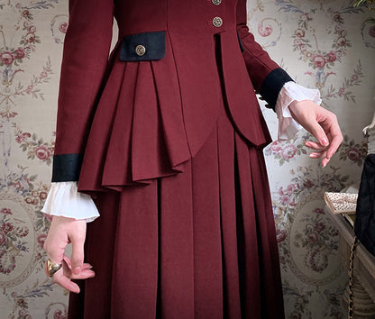 Plus Size Friendly-Wine Red Pleating Details Blazer + Skirt Vintage Set