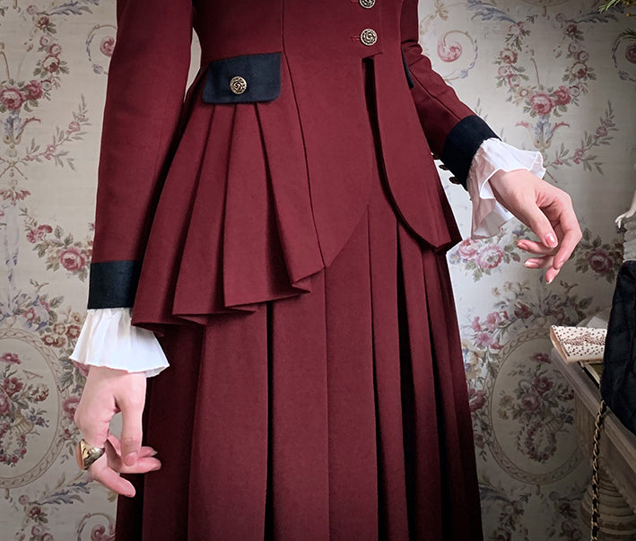 Plus Size Friendly-Wine Red Pleating Details Blazer + Skirt Vintage Set