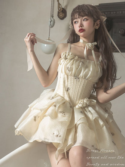 Light Yellow Floral Pattern Boned Bodice Jumper Skirt with Rosette Brooches Short Version