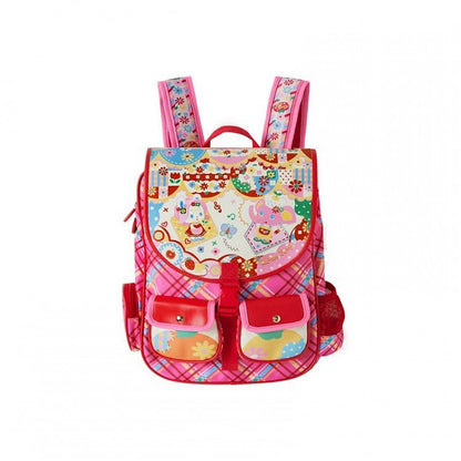 Magic Restaurant Floral and Cartoon Elephant Print PU Red Plaid Backpack