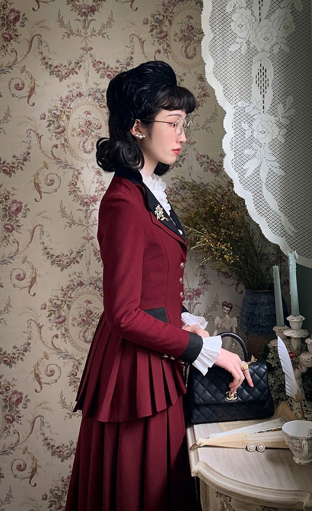 Plus Size Friendly-Wine Red Pleating Details Blazer + Skirt Vintage Set