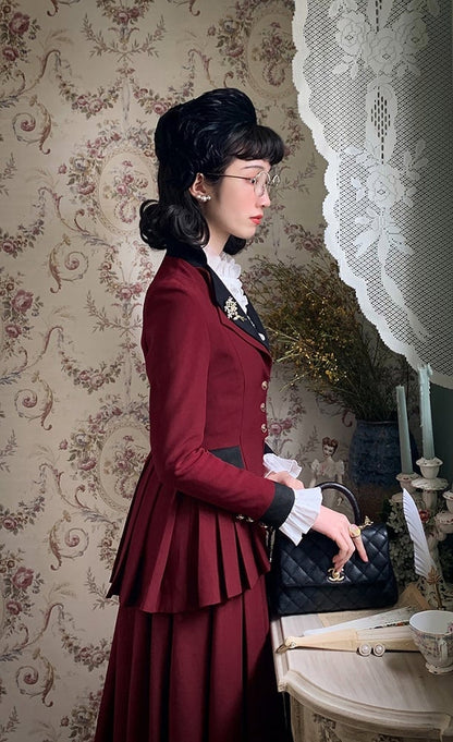 Plus Size Friendly-Wine Red Pleating Details Blazer + Skirt Vintage Set