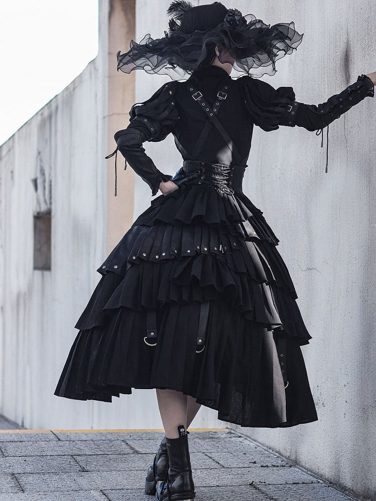 Black Gothic Lolita Under Bust Corset High Waist Layered Pleated Skirt with Shoulder Straps