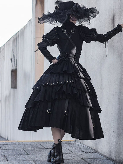 Black Gothic Lolita Under Bust Corset High Waist Layered Pleated Skirt with Shoulder Straps