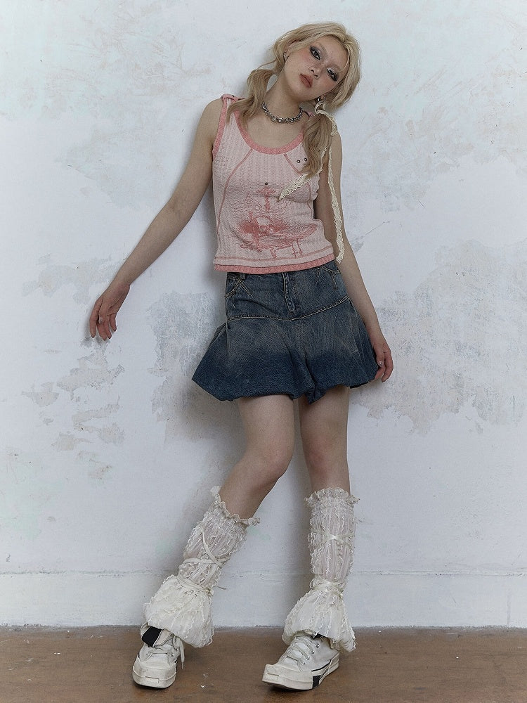 Punk Skull Print Pink Knitted Tank Top