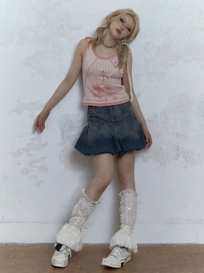 Punk Skull Print Pink Knitted Tank Top