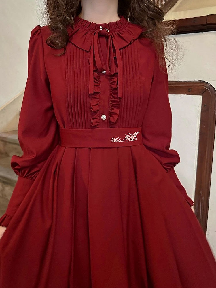 Wine Red Bishop Sleeves Vintage Dress Ruffle Neckline
