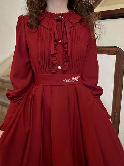 Wine Red Bishop Sleeves Vintage Dress Ruffle Neckline