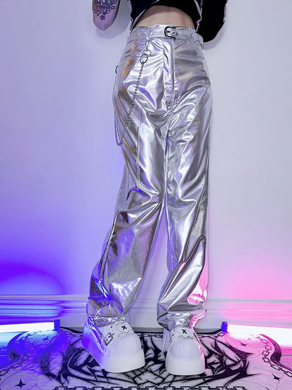 Futuristic Cyberpunk Y3K Metallic Silver/Rose Red/Blue/Green PU Pants