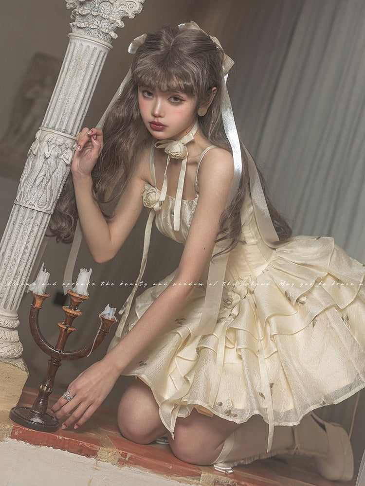 Light Yellow Floral Pattern Boned Bodice Jumper Skirt with Rosette Brooches Short Version