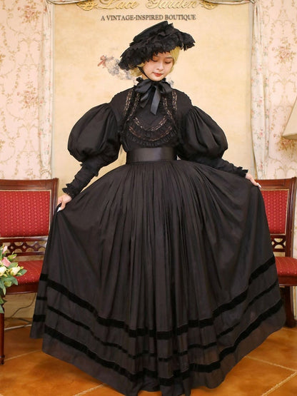 Black High Neck Leg-of-Mutton Sleeves Vintage Lace Blouse