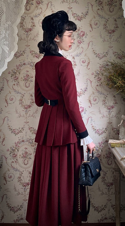 Plus Size Friendly-Wine Red Pleating Details Blazer + Skirt Vintage Set