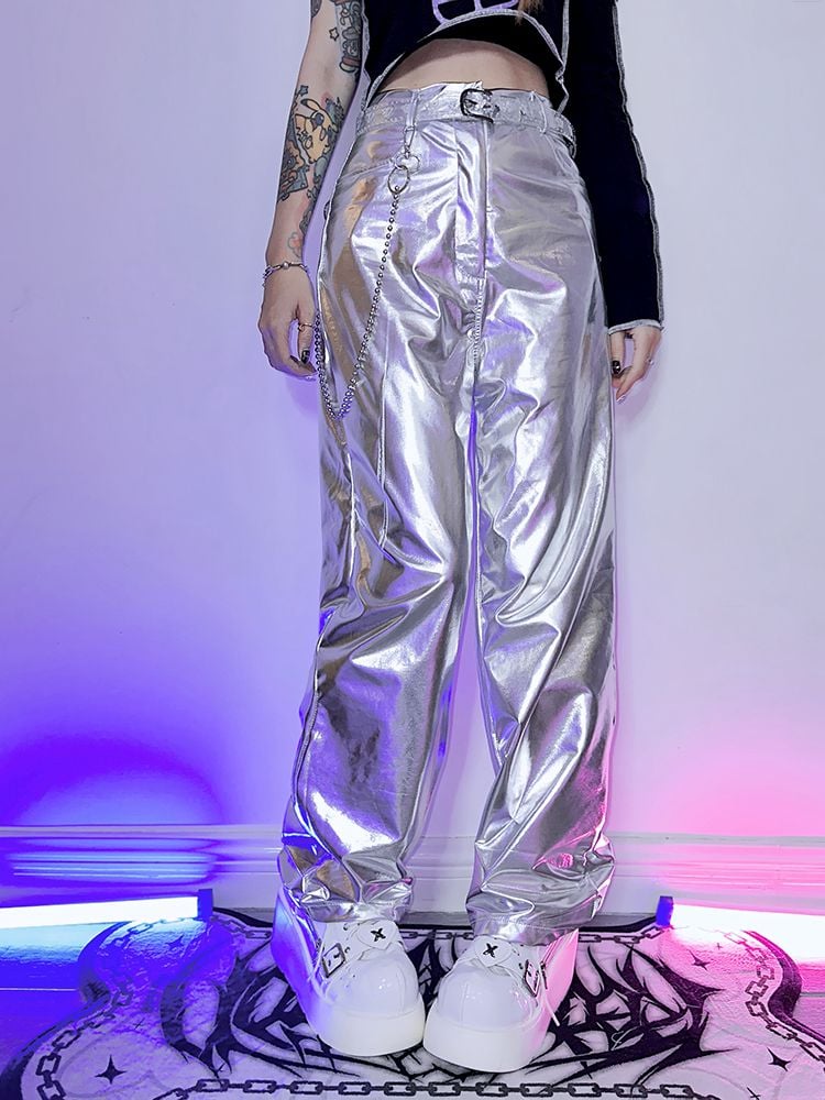 Futuristic Cyberpunk Y3K Metallic Silver/Rose Red/Blue/Green PU Pants