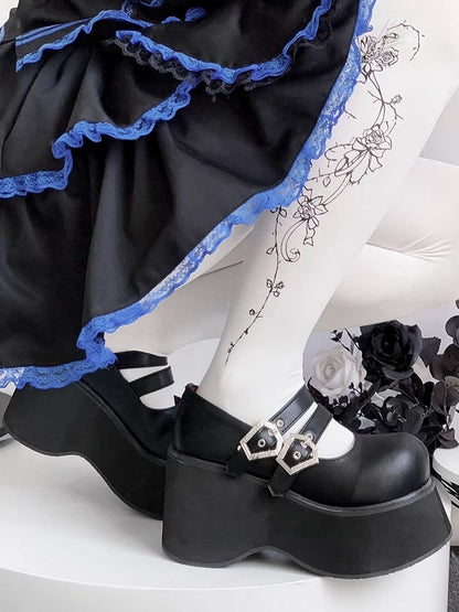 Buckle Straps Matte Black Platforms Round Toe Punk Shoes