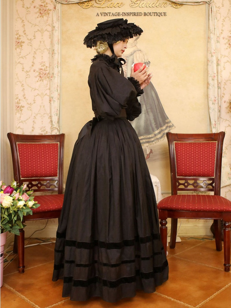 Black Leg-of-Mutton Sleeves Vintage Lace Blouse and Black Skirt Long Version Set