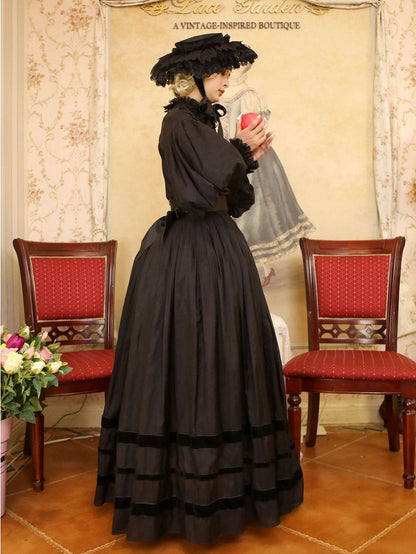 Black Leg-of-Mutton Sleeves Vintage Lace Blouse and Black Skirt Long Version Set