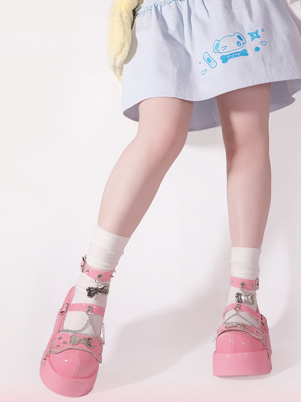 Metal Bones Decorated Pink Platforms Punk Shoes Studs Chain Design