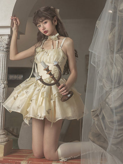 Light Yellow Floral Pattern Boned Bodice Jumper Skirt with Rosette Brooches Short Version