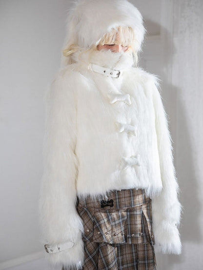 Punk Bone-shaped Buttons Belt Buckles Cuffs White Plush Coat