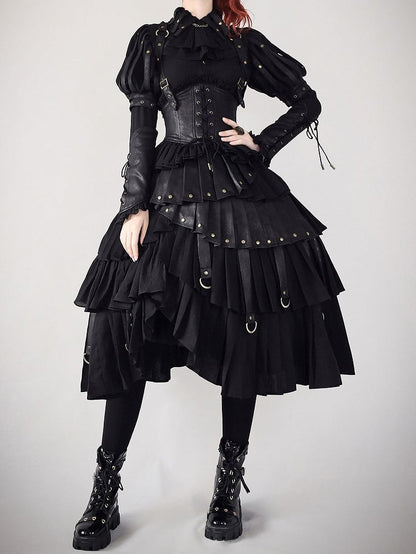 Black Gothic Lolita Under Bust Corset High Waist Layered Pleated Skirt with Shoulder Straps