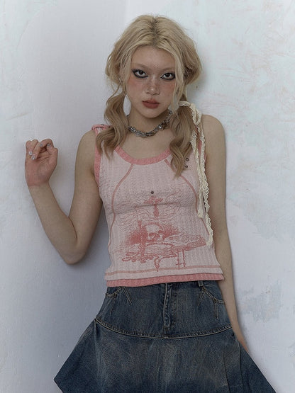 Punk Skull Print Pink Knitted Tank Top