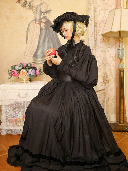 Black Leg-of-Mutton Sleeves Vintage Lace Blouse and Black Skirt Long Version Set