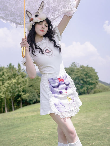 Clearance - Size L for Waist 72CM White Bunny Print Lace Trim Skirt