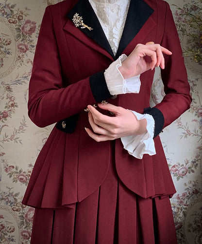 Plus Size Friendly-Wine Red Pleating Details Blazer + Skirt Vintage Set