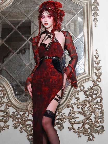 Romantic Goth Vampire Black Cropped Top with Chain Embroidery Bell Sleeves