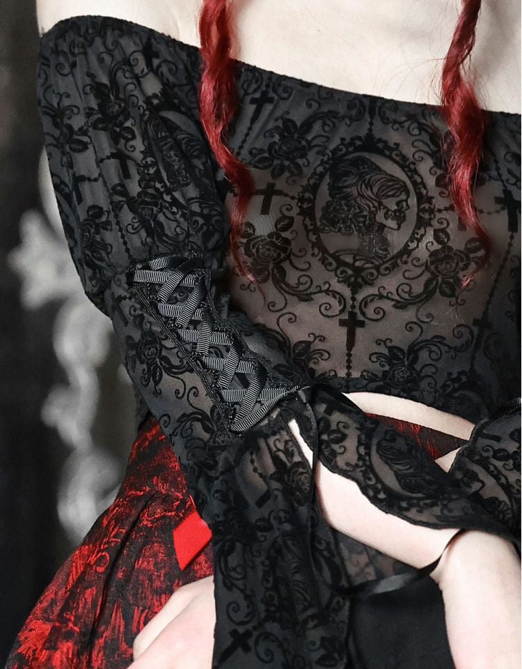 Cross Romantic Goth Top Black Lace Flounce Sleeves Cropped Top