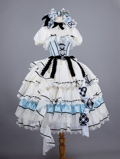 Alice in Wonderland Vibes Blue Boned Corset Top + Tiered Skirt Gorgeous Hime Lolita Full Set