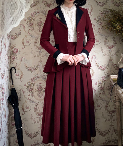 Plus Size Friendly-Wine Red Pleating Details Blazer + Skirt Vintage Set