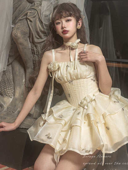 Light Yellow Floral Pattern Boned Bodice Jumper Skirt with Rosette Brooches Short Version