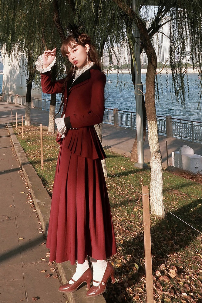 Plus Size Friendly-Wine Red Pleating Details Blazer + Skirt Vintage Set