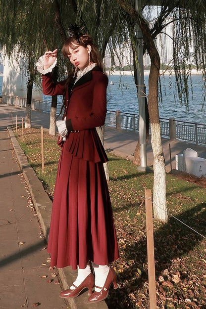 Plus Size Friendly-Wine Red Pleating Details Blazer + Skirt Vintage Set