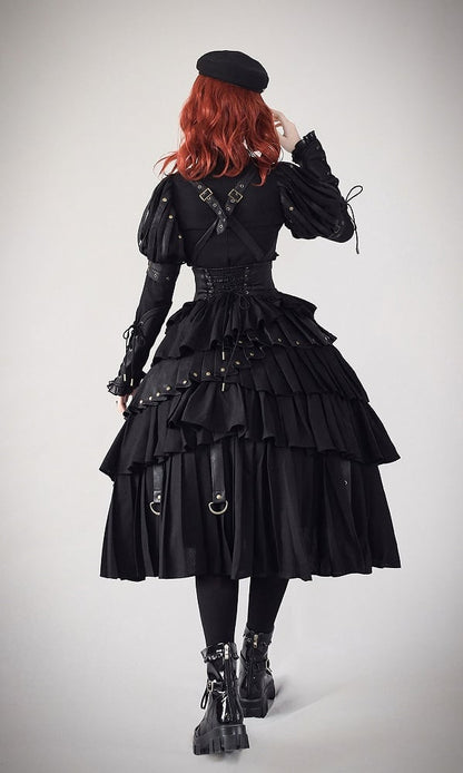 Black Gothic Lolita Under Bust Corset High Waist Layered Pleated Skirt with Shoulder Straps