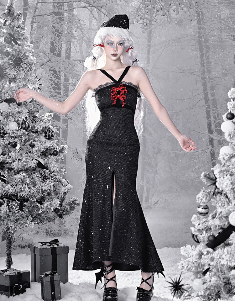 Gothic Christmas Lace Trim Thigh-high Slit Mermaid Skirt Tweed Sheath Dress