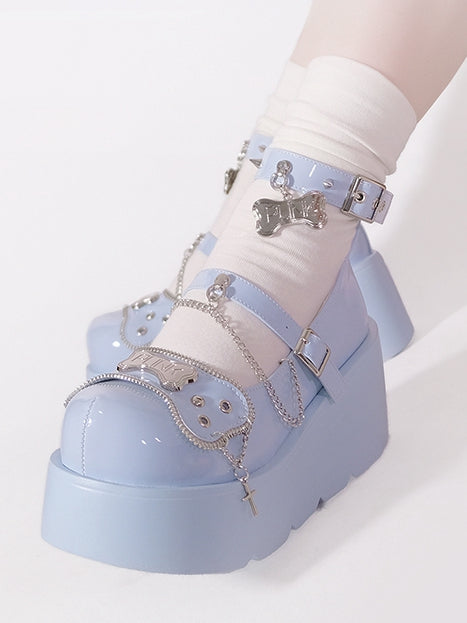 Metal Bones Decorated Blue Platforms Punk Shoes Studs Chain Design