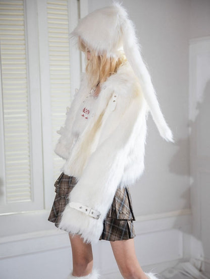 Punk Bone-shaped Buttons Belt Buckles Cuffs White Plush Coat