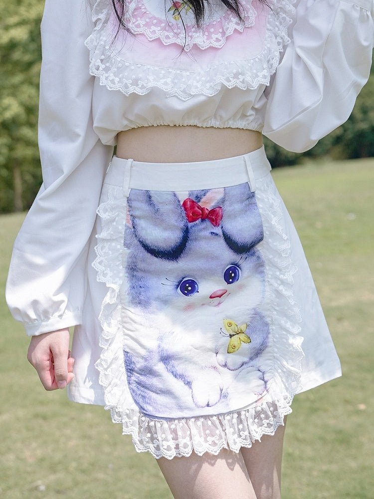 Clearance - Size L for Waist 72CM White Bunny Print Lace Trim Skirt