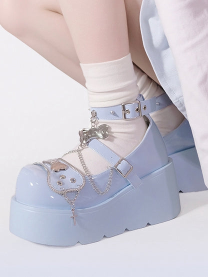 Metal Bones Decorated Blue Platforms Punk Shoes Studs Chain Design