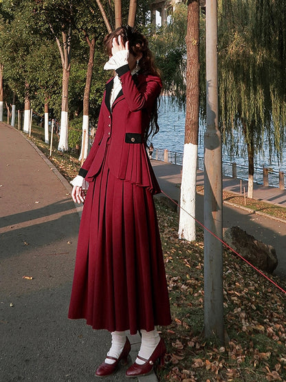 Plus Size Friendly-Wine Red Pleating Details Blazer + Skirt Vintage Set