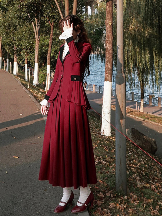 Plus Size Friendly-Wine Red Pleating Details Blazer + Skirt Vintage Set