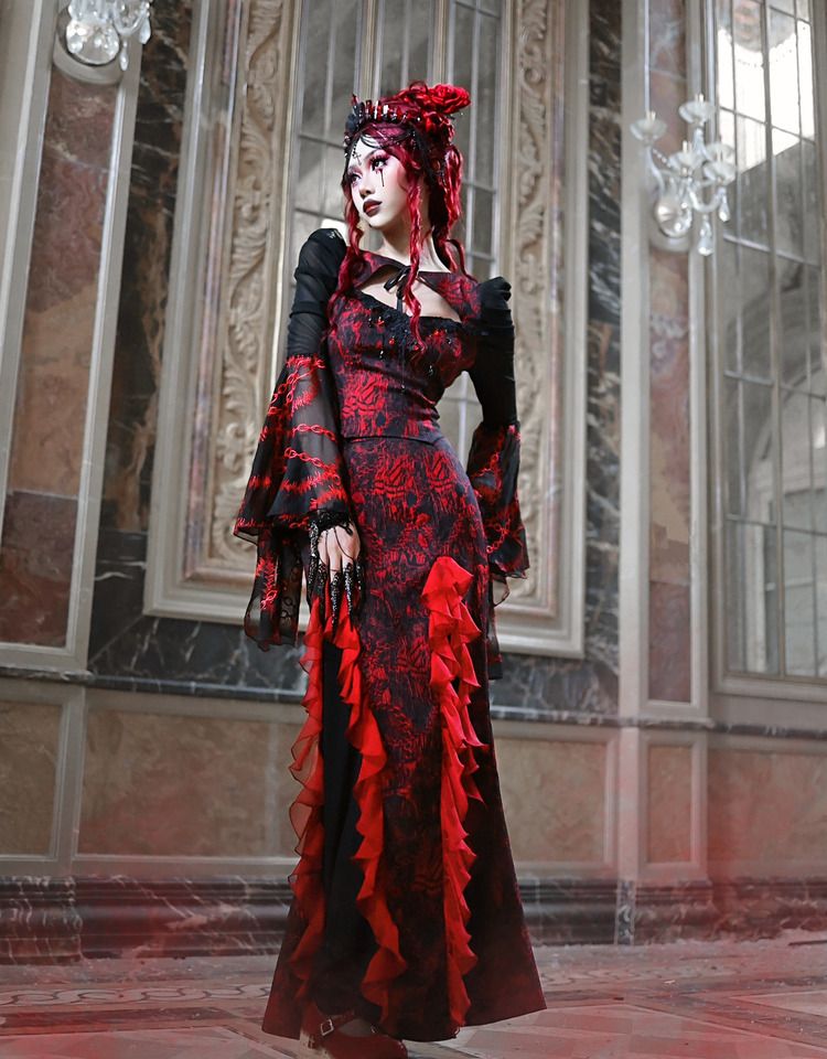Romantic Goth Jacquard Mermaid Skirt Cascading Ruffle Trim Vampire Outfits