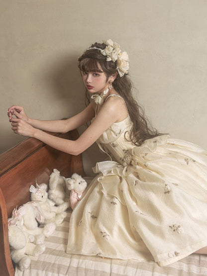 Light Yellow Floral Pattern Boned Bodice Jumper Skirt with Rosette Brooches Long Version